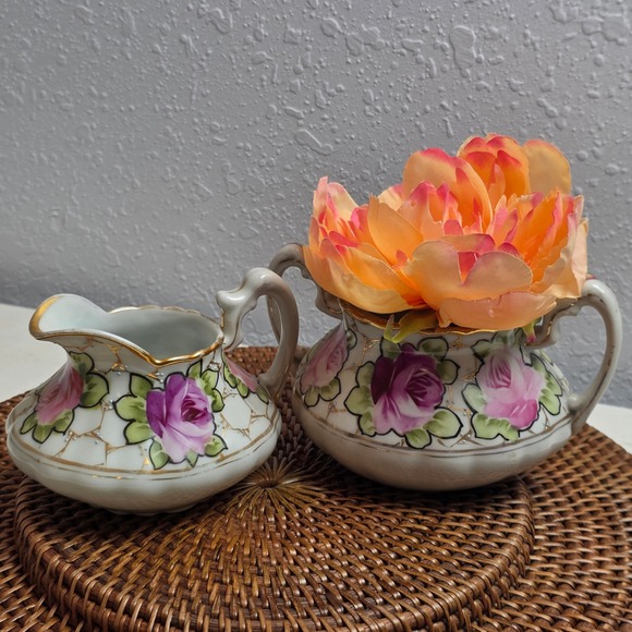 Nippon Other - Antique 1890s Nippon Hand Painted Rose Porcelain Creamer & Sugar Bowl Set No Lid